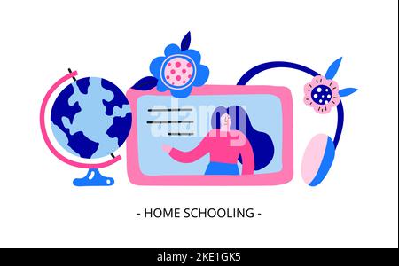 Horizontal banner with big colorful headphones, tablet, teacher, flowers, leaves. Home schooling, online lesson. Landing page concept. Modern flat doo Stock Vector