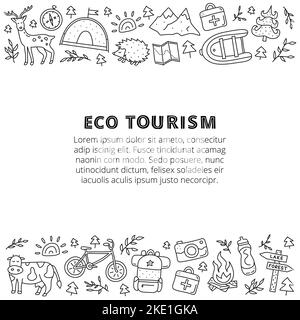 Poster with space for text and doodle outline eco tourism icons including deer, camera, bicycle, sun, backpack, first aid kit, mountains, tent, hedgeh Stock Vector