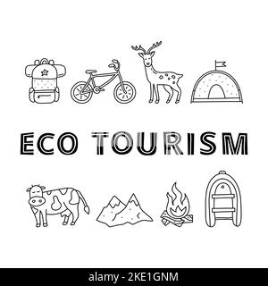 Poster with lettering and doodle outline eco tourism icons including deer, bicycle, backpack, mountains, tent, cow, boat, campfire isolated on white b Stock Vector