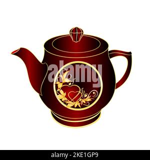 Teapot of black and red porcelain  gold ornament heart  and leaves on a white background vintage vector illustration editable hand draw Stock Vector