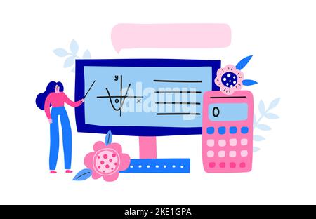 Horizontal banner with big colorful computer, teacher, formula, calculator, speech bubble. Home schooling, online mathematics lesson. Landing page con Stock Vector
