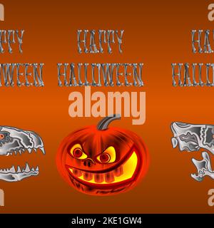 Border seamless background Happy Halloween inscription of bones scary skull and pumpkin orange holiday background vector illustration editable hand dr Stock Vector