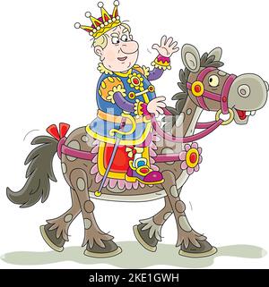 Angry king in full dress with his golden crown riding a funny spotted horse, inspecting a review, saluting troops and waving his hand in greeting Stock Vector