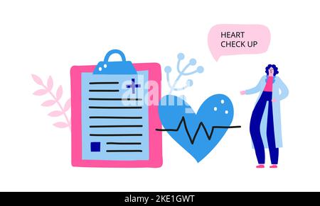 Horizontal banner with big blank clipboard, pulse, speech bubble, woman doctor, leaves. Heart check up. Landing page concept. Modern flat doodle vecto Stock Vector