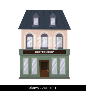 Coffee shop building facade. Coffee house in an old building with large windows. Flat style vector illustration. Isolated on white background. Stock Vector