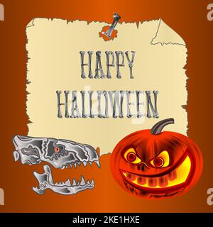 Happy Halloween inscription of bones scary skull and pumpkin orange holiday background vector illustration editable hand draw Stock Vector