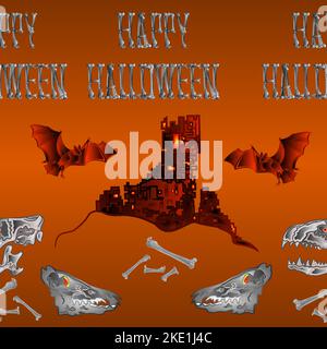 Border seamless background Happy Halloween inscription of bones scary skull and scary casstle orange holiday background vector illustration editable h Stock Vector