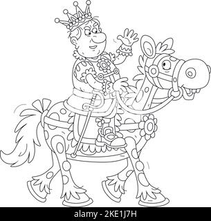 Angry king in full dress with his golden crown riding a funny spotted horse, inspecting a review, saluting troops and waving his hand in greeting Stock Vector