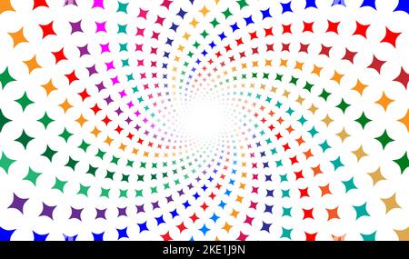 Colorful mosaic stars moving on a white background. Magical spiral geometric backdrop. Stock Vector