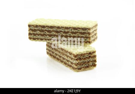 Two rectangular chocolate cream filled wafer sticks isolated on white background Stock Photo