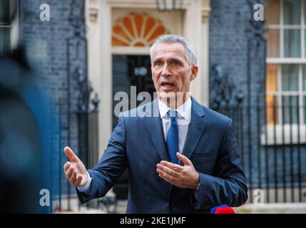 London, UK. 9th Nov, 2022. Jens Stoltenberg, 13th Secretary General of NATO, gives an inetrview to the media in Downing Street after his meeting with Prime Minister, Rishi Sunak. Credit: Karl Black/Alamy Live News Stock Photo