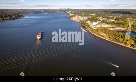 An aerial view over a red and rusty oil tanker n the Hudson River, in New York on a sunny day Stock Photo