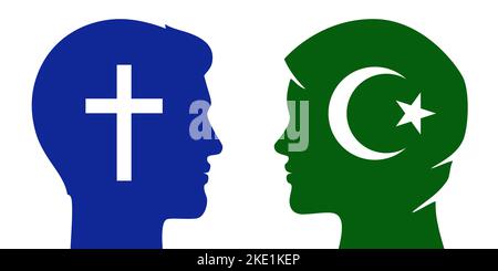 Christian man and muslim woman relations. Different religion couple, multicultural family, or religious discussion, dialogue concept vector illustration. Stock Vector