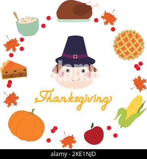 Cute pilgrim in a circle of Thanksgiving Day elements. Happy Thanksgiving Day. Hand drawn vector art. Hand drawn text Stock Vector