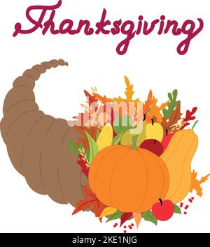 Thanksgiving cornucopia with fruits and vegetables. Hand drawn vector illustration. Happy Thanksgiving Day Stock Vector