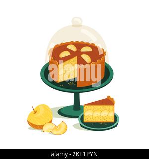 Apple pie on cupcake stand with glass dome icon Stock Vector