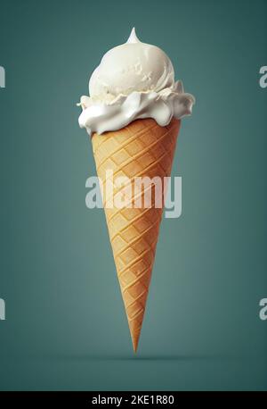 A digital 3D render of melting vanilla ice cream cone on a green background Stock Photo