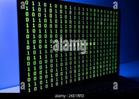 Binary code and Password word background on laptop computer screen Stock Photo