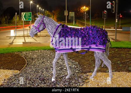 The Horse sculpture at Horsforth in Leeds has been given a new Purple Poppy Coat by Murphy's Army Purple Poppy Campaign Stock Photo