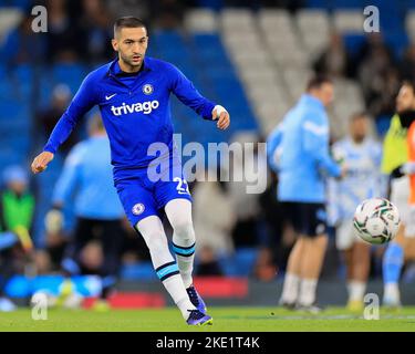 Manchester, UK. 09th Nov, 2022. Hakim Ziyech #22 of Chelsea ahead of the Carabao Cup Third Round match Manchester City vs Chelsea at Etihad Stadium, Manchester, United Kingdom, 9th November 2022 (Photo by Conor Molloy/News Images) in Manchester, United Kingdom on 11/9/2022. (Photo by Conor Molloy/News Images/Sipa USA) Credit: Sipa USA/Alamy Live News Stock Photo