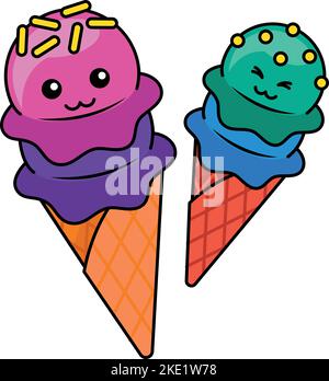 The two cute kawaii cartoon characters of ice-cream cones on a white background Stock Vector