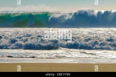 Extremely huge big surfer waves on the beach in Zicatela Puerto Escondido Oaxaca Mexico. Stock Photo