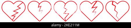 Broken red heart line icons. Vector illustration isolated on white background Stock Vector