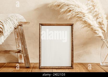 Wooden frame on the floor in cozy home interior Stock Photo