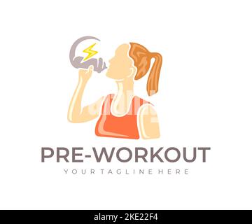 Woman drinking nutritional supplement or energy drink before workout, logo design. Food, healthy lifestyle, workout, sport and fitness, vector design Stock Vector