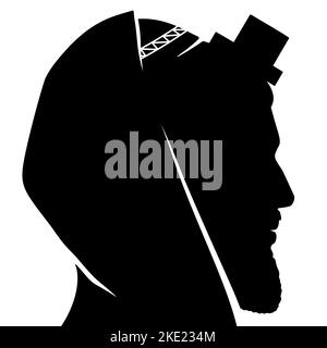 Black silhouette of Jewish praying man with Kippah, Tallit, and Tefillin on his head. Judaic religious person portrait flat style vector illustration isolated on white background. Stock Vector