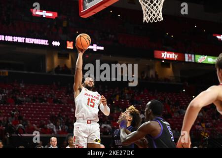 College Park, MD, USA. 07th Nov, 2022. Maryland Terrapins forward Patrick Emilien (15) shoots a shot during the NCAA basketball game between the Maryland Terrapins and the Niagara Purple Eagles at Xfinity Center in College Park, MD. Reggie Hildred/CSM/Alamy Live News Stock Photo
