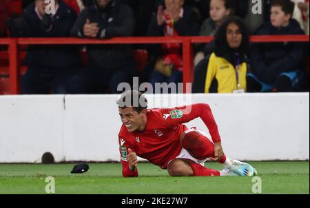 Nottingham, England, 9th November 2022.  Brennan Johnson of Nottingham Forest goes down injured, he was named in the Welsh squad for the World Cup in Qatar during the Carabao Cup match at the City Ground, Nottingham. Picture credit should read: Darren Staples / Sportimage Stock Photo
