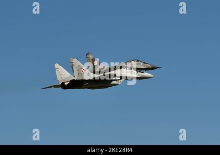 Gdynia, Poland - August 22, 2021: Flight of MIG-29 planes at the Aero Baltic show in Gdynia, Poland. Stock Photo