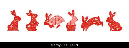 Collection of rabbits, bunnies illustrations. Chinese new year 2023 year of the rabbit - set of traditional Chinese zodiac symbol, illustrations, art Stock Vector