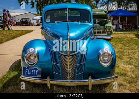 Des Moines, IA - July 02, 2022: High perspective front view of a 1940 Ford Deluxe Coupe at a local car show. Stock Photo