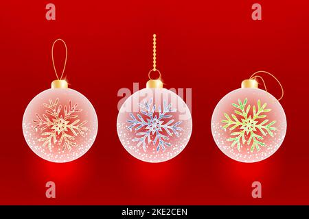 Realistic 3D transparent Christmas glass balls with glowing snowflakes inside Stock Vector