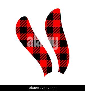 Bunny ears silhouette with red and black checkered buffalo pattern. Cute rabbit ears with gingham print for Easter or 2023 New year celebration isolated on white background. Vector flat illustration Stock Vector
