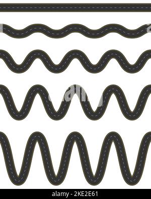 Set of empty winding asphalt roads with marking. Horizontal aerial view. Seamless highway templates. Elements of city street roadway isolated on white background. Vector flat illustration Stock Vector