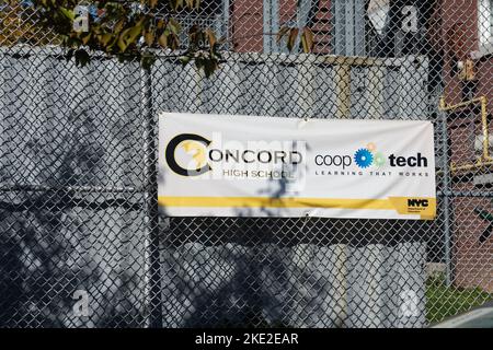 Staten Island, NY - Oct. 22, 2022: Sign at Concord High School which participates in Coop Tech, a half-day vocational program of hands on training tha Stock Photo