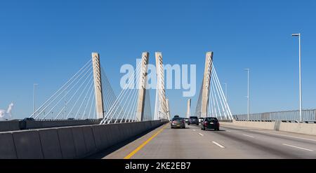 Staten Island, NY - Oct. 22, 2022: The Goethals Bridge is a pair of cable-stayed bridge spans, over the Arthur Kill tidal strait, connecting Elizabeth Stock Photo