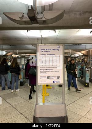 Westminster, London, UK. 8th November, 2022. A TfL notice at Westminster station informing customers of a tube strike on Thursday 11th November. Passengers are being advised that strike action will affect the entire tube network and to avoid travelling. Credit: Maureen McLean/Alamy Live News Stock Photo