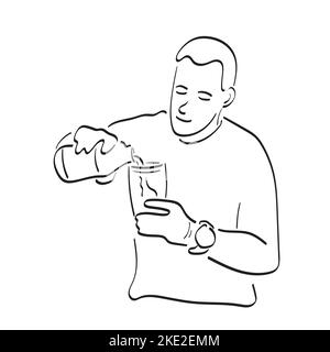 man pouring water in bottle to the glass illustration vector hand drawn isolated on white background line art. Stock Vector