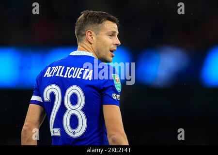 Manchester, UK. 09th Nov, 2022. Cesar Azpilicueta #28 of Chelsea during the Carabao Cup Third Round match Manchester City vs Chelsea at Etihad Stadium, Manchester, United Kingdom, 9th November 2022 (Photo by Conor Molloy/News Images) in Manchester, United Kingdom on 11/9/2022. (Photo by Conor Molloy/News Images/Sipa USA) Credit: Sipa USA/Alamy Live News Stock Photo