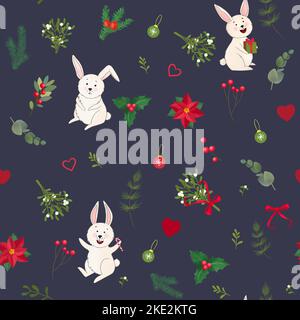 Christmas holidays cartoon seamless pattern of cute rabbit on dark green background. Amazing winter holiday wallpaper for your design. Design for wint Stock Photo