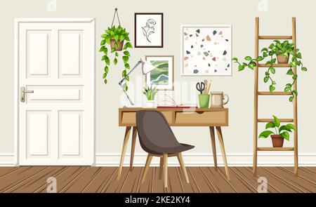 Scandinavian room interior design with a desk, a ladder, and houseplants. Home office interior design. Cartoon vector illustration Stock Vector