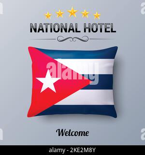 Realistic Pillow and Flag of Cuba as Symbol National Hotel. Flag Pillow Cover with Cuban flag Stock Vector