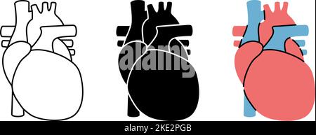 Set of human heart symbols. Human heart icons in color, black and thin line style. Vector illustration. Human organ icons Stock Vector