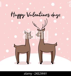 Valentines day card doodle style vector illustration. Cute forest deer couple in snow, reindeer love on pink background Stock Vector