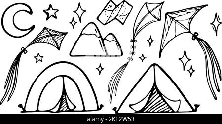Set of vector illustrations of tourism and camping equipment in doodle style. Hand drawn camping and hiking elements, isolated on white background. Stock Vector