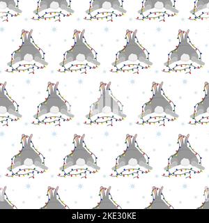 Pattern with a cute rabbit and a garland with multi-colored light bulbs. Vector. Christmas and New Year illustration. Stock Vector